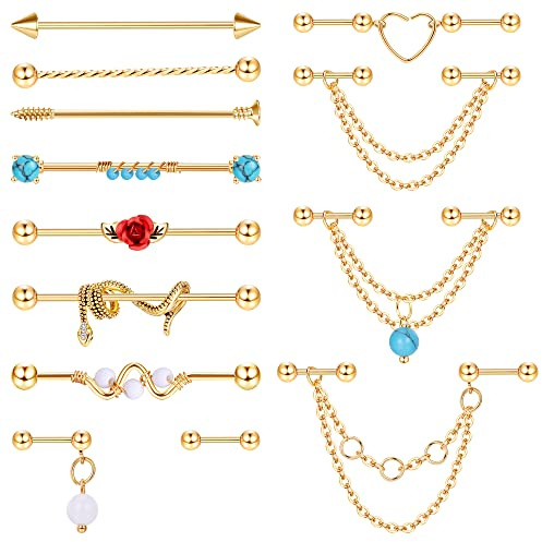 Adramata 13 Stück Industrial Ohrringe 14G 16G Chirurgenstahl Piercing Schmuck für Damen und Herren - Gold und Silber - Helix und Schlange