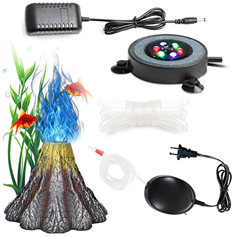 Auiaerty LED Aquarium Bubble Light with Air Pump, Aquarium Volcano Ornament Kit, Fish Tank Oxygenation with 6 LEDs Waterproof Volcanic Decoration