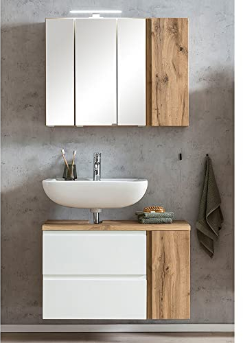Lomadox Badmöbel Waschbeckenunterschrank mit Spiegelschrank, 85cm, LED Beleuchtung, Wotan Eiche Nb. mit weiß matt, B/H/T ca. 85/200/35 cm