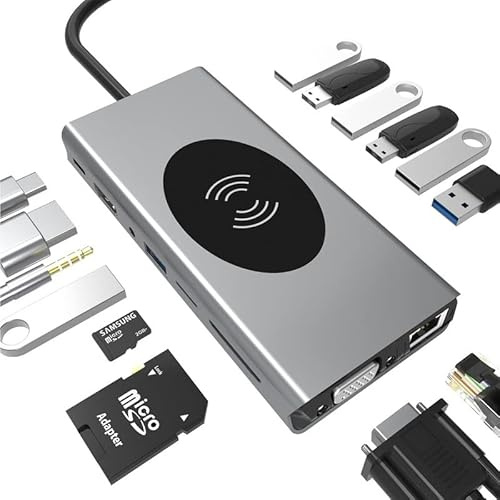 Hub USB C 15 en 1 tipo C Hubs con carga inalámbrica 4K adaptador HDMI USB 3.0 SD/TF lector de tarjetas USB-C suministro de energía 15 en 1
