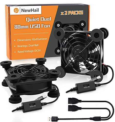 NewHail 2Pack Quiet 80mm USB Fan Dual-Ball Bearings, USB Fan 5V, with L/M/H 3-Degree Speed Controller High Airflow Cooling Fan for Router Modem Receiver DVR PlayStation Xbox TV Box