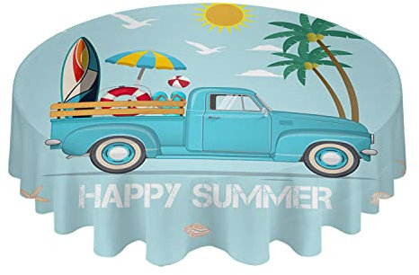 Wachstuch 152cm Fröhlicher Sommer-Blau-LKW-Kokosnussbaum-Surf-Hawaii-Urlaub Tischdecke Rund Wachstischdecke Abwaschbar Wachstuchtischdecke Für Garten Terrasse Camping