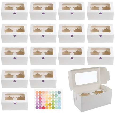 16 Pack White Cupcake Boxes 2 Hole Cupcake Boxes with Window and Inserts | Small Cake Boxes for Muffins Cookies Small Gift Baking Packaging Bakery Pastry Wedding Birthday Party [+48 Stickers]