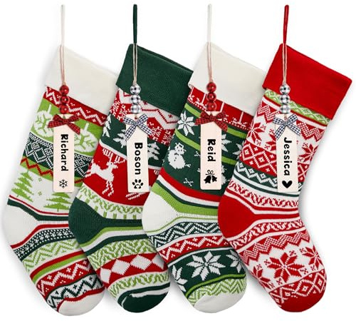 MOSTOP 4 Pack Knit Christmas Stockings, 19 Large Size Cable Knit Reindeer, Snowflake, Snowman Xmas Stockings with 4pcs Leather Name Tags for Xmas Holiday Christmas Party Family Decor