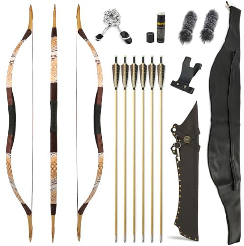 SHARROW Traditioneller Bogen Recurve Bogen und Pfeile Set Langbogen 20-50lbs Handgemacht Holzbogen Reiterbogen Sportbogen Jagdbogen für Erwachsene und Anfänger(Type 12, 50lbs)