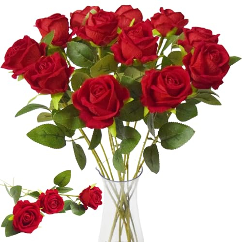 Kinisty 12 Stück Künstliche Blumen Rot Fake Rosen, Plastikblumen Gefälschte Seidenrose wie Echt Kunstblumen für Innen Draußen Garten Balkon Deko