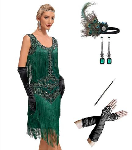 MIMIKRY 20er Jahre Flapper Damen Kostüm Grün Fransen-Kleid mit Pailletten und 4-tlg. Pfau Zubehör-Set, Größe:L