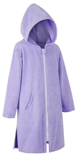 MissShorthair Hooded Towel Robe for Kid, Zipper Beach Cover Up, Swim Changing Robe for Boy, Girls Bath Towelling Poncho Lavender Haze 8-10 Years