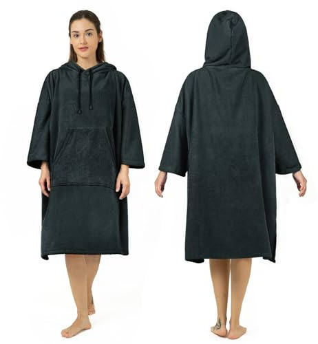 Zingtto Surf poncho skötrock, 3/4 ärm extra stor tjock huvtröja handduk poncho för män kvinnor strandsimning, 99 cm x 83 cm, svart