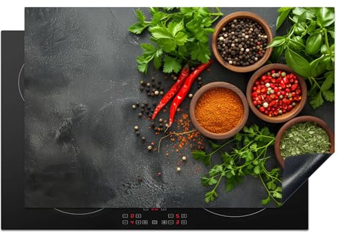 KitchenYeah© Herdabdeckplatte Einteilig Herdabdeckung Abdeckplatte für | 80x52 cm - Ceranfeld Abdeckung Induktionskochfeld Aufrollbare Matte Kräuter - Beton - Chilischoten - Pflanzen - Gewürze