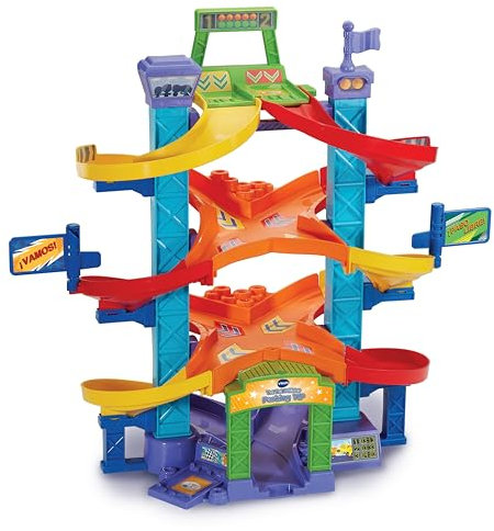VTech - Parking VIP TutTut Bólidos, Circuitos, Pistas y playsets de Juguete, Aparcamiento Interactivo con Doble posición para lanzar los Coches en Carrera, Incluye Dos vehículos, Versión ESP