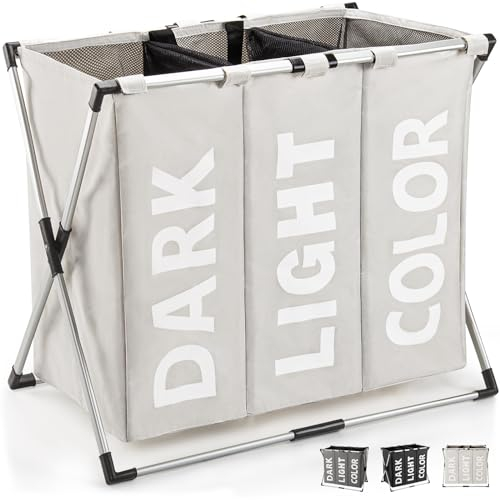 Virklyee Wäschesortierer 3 Fächern Oxford Wäschekorb Sortierer 100L Wäschesammler 600D Oxford-Stoff Faltbar Abnehmbar mit Griff Kleidung Organisieren Wäschekammer Balkon Schlafzimmer(Beige)