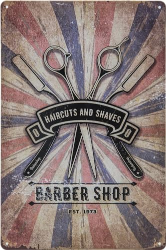 LuckyLinde 30 x 20 cm Targa in metallo retrò – Barber Shop Vintage – Targa decorativa per barbiere, barbiere, coiffeuer, parrucchiere e casa