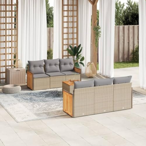 Rantry 7-TLG. Garten Sofagarnitur mit Kissen Gartensofa mit Stauraum Gartenlounge Balkonmöbel Gartenmöbel Loungesofa Rattansofa mit Gartentisch Ecksofa Gartenset Sitzgruppe Beige Poly Rattan