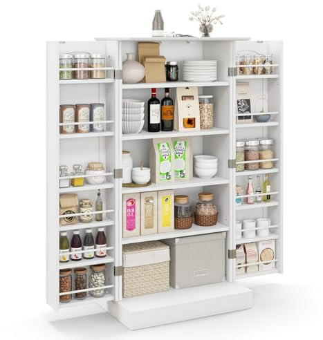 GYMAX Mobile Cucina Dispensa con 2 Porte, Credenza da Cucina con 6 Ripiani Regolabili, Dispositivi Antiribaltamento, Salvaspazio per Sala da Pranzo, Soggiorno (Bianco)