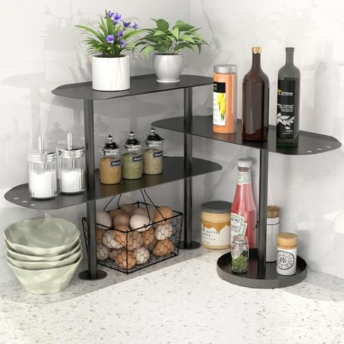 STWWO Organizer für Küche Arbeitsplatten, Verstellbar Eckregal Schreibtisch Organizer Metall Gewürzregal mit 3 Etagen Kaffeebarständer Vertikale Rack für Esszimmer Küchen Badezimmer, Schwarz