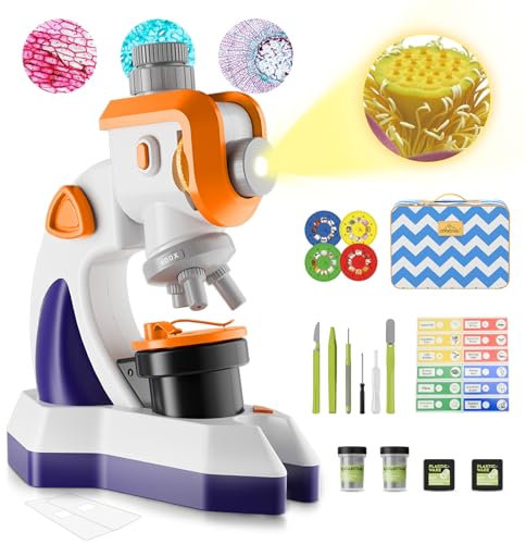 MAXLAPTER Microscopio per Bambini 1200X con Proiettore: Microscopio con Vetrini Preparati e Borsa per la Conservazione - Regali di Scienza Edu per Bambini Principianti di 8-12 Anni (Arancione-Viola)
