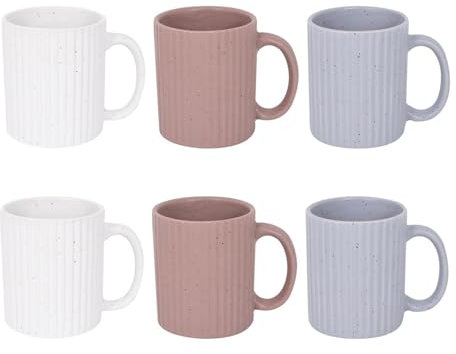 YöL Set of 6 Ribbed Mugs White Grey Beige Coffee Tea Cup 10 Ounce Home Kitchen Stoneware Mug Set