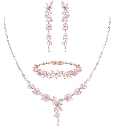 EVER FAITH Conjunto de joyas de circonita cúbica para dama de honor, elegante marquesa con hojas de flores, collar de boda, pendientes y pulsera para mujer, Circonita cúbica,