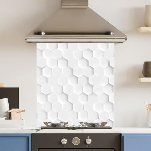Toughened 6mm Glass Kitchen Splashback 60 x 65cm White Hexagon - Polished Edge Heat Resistant Back Splash for Cookers Hob