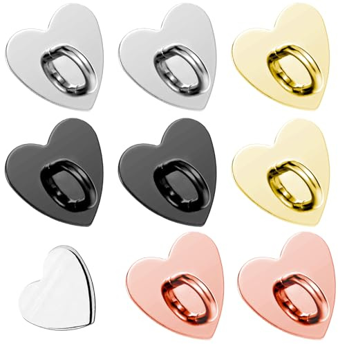 8 Pcs Metal Phone Hook and Ring Stand - Heart Holder Adhesive Finger Grip Universal for Cell Tablets DIY Accessories in Four Colors