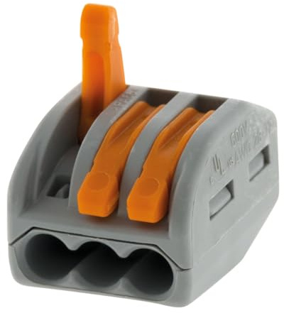Wago, 3-Wege-Hebelklemme Serie 222, 50er-Box, kompatibel mit starren, halbstarren und flexiblen Drähten 0,08–4 mm², Spannung 400 V, Strom 32 A, Abisolierlänge 9–10 mm, sichere elektrische Verbindung