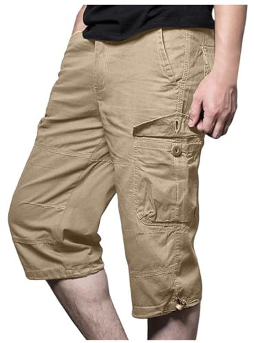 3 4 Hose Herren Atmungsaktiv Bermuda Kurze Hosen 3/4 Regulär Fit Leicht Laufhose Herren-Shorts Männer Cargo Kurz Dreiviertel Sporthose Shorts,Khaki,XL