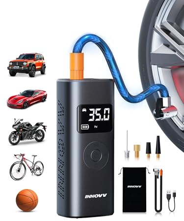 INNOVV P1 Tyre Inflator Air Compressor, Portable Electric Bike Pump with Digital Tire Pressure Gauge and Emergency Lights, 150PSI Rechargeable Car Tyre Inflator for Car, Bikes, Motorbike, Ball