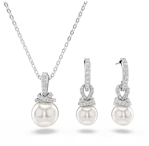 Swarovski Originally Set, Weißes und Rhodiniertes Set aus Halskette und Ohrringen mit Strahlenden Kristallperlen und Zirkonia in Pavé, Länge Kette: 38-43 cm, Größe Ohrringe: 2.5 x 0.8 cm