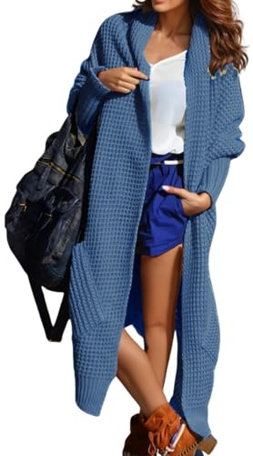 Solvera_Ltd Strickjacke Damen Langarm Lang Oversize Grobstrick Asymmetrisch Cardigan Open Front Sweater Herbst Winter Strickardigan mit Taschen One Size (Blau)