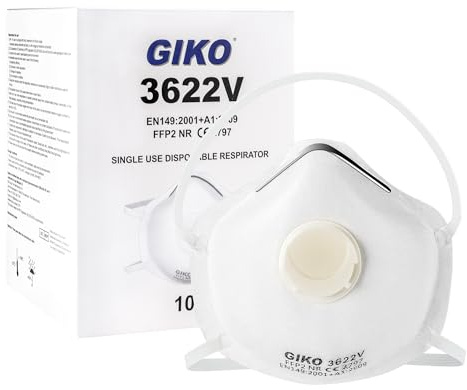 GIKO FFP2 Dust Mask Pack of 10 - Valved Face Masks Moulded Disposable Respirator 5 layers FFP2 Face Masks for DIY Projects, Construction, Building Work, Sanding, Fine Dusts, Woodworking, White