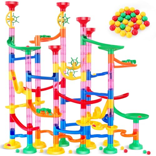 Jeffbaubl 133 Stück Murmelbahn Spielzeug, Marble Run Set, Mehrfarbig | Kugelbahn Lernspielzeug Baubaustein Spielzeug for Kinder Mädchen Jungen Ab 3 Jahren, 103 Bahnelemente, 30 Glaskugeln