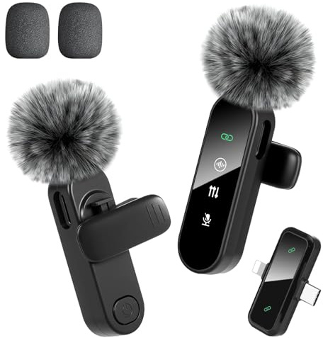 Suoxiom Microfono Lavalier senza fili Dual Set – Plug & Play Clip-on Mic con Auto Pairing, Supporto Magnetico, Cancelling, per iPhone, Android, dispositivi USB-C, YouTube, Podcast e registrazione