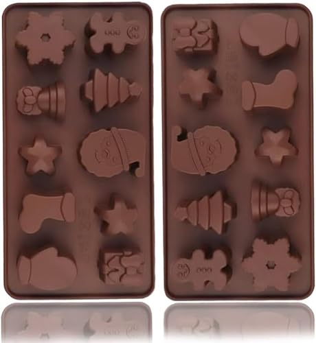 2 Pack Christmas Chocolate Mould 10 Cavity Food Grade Silicone Molds for Baking, Festive Shapes Santa Gingerbread Tree Snowflake Star, DIY Cake Cookie Candy Fondant Decorations