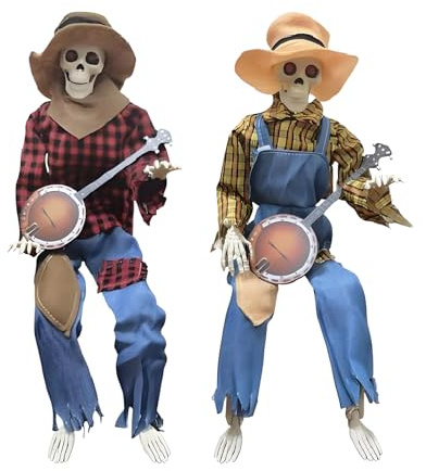 Animierte Halloween-Duell-Banjo-Skelette, 2 gruselige Banjos, die Skelette mit leuchtenden Augen Spielen, leuchtendes Skelett, das Banjo spielt, Halloween-Dekoration, bewegliche Gelenke, mit