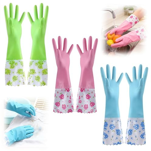 Kokoie Washing up Glove, 3 Pairs 40 cm Long Reusable Non-Slip Dishwashing Cleaning Gloves, Long Cuff Household Rubber Gloves for Kitchen Bathroom Laundry Gardening Blue Pink Green