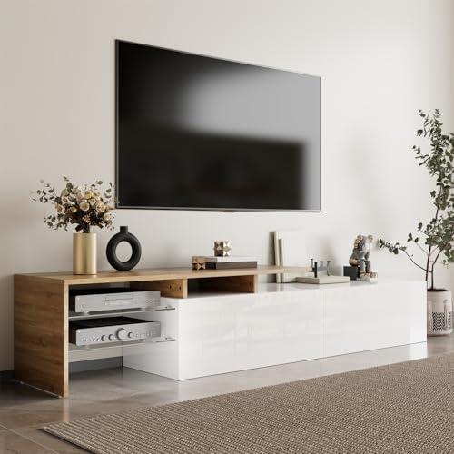OLIVIBED TV-skåp med 2 lådor, modernt lågbord med förvaringsutrymme, TV-bräda för TV 65 ZolI, högglans TV-bord för vardagsrum, sovrum, 170 x 33,5 cm, vit (vit + trä)