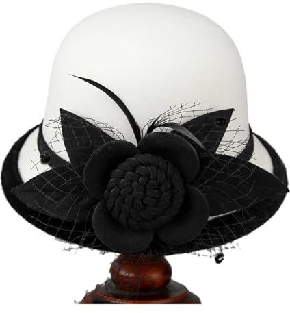 XUCZHAI Melonhatt med brett brätte för kvinnor, vintage stil, mesh, blomma, tillbehör, maskeraddräkt (WHITE)