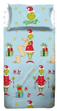 hermet Grinch Lakan för enkelsäng i 100% bomull, set med dubbelsäng 1 säng, överlakan + lakan med hörn + örngott