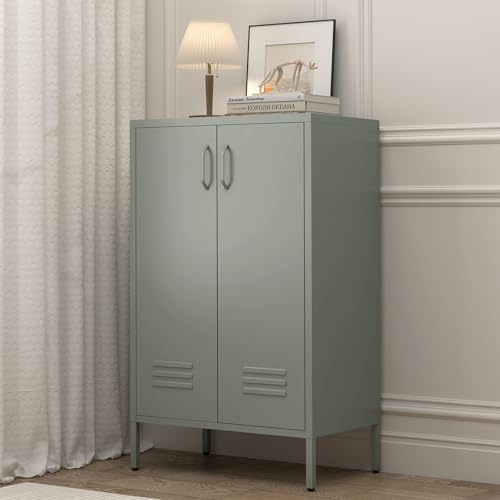 GREATMEET Metall-Lagerungsschrank, Lagerungsschrank mit grünen Akzenten, metallene Speisekammer-Schränke mit Türen, Lagerungsschrank für Wohnzimmer, Küche, Büro