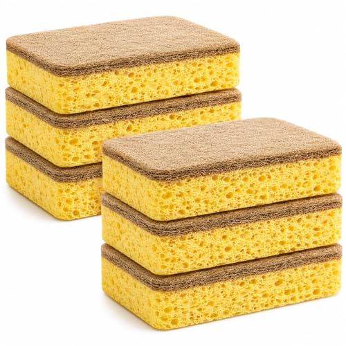 6 Pack Eco Washing Up Sponges, Natural Cellulose Dish Sponges with Non-Scratch Scouring Pad, Biodegradable & Reusable Kitchen Cleaning Sponges for Dishes, Pots, Pans & Sink