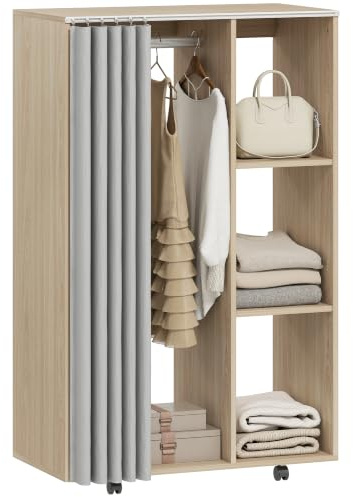 HOMCOM Armoire Penderie Chambre Mobile 4 roulettes 80x40x128cm Bois Naturel | Meuble de Rangement, Tringle à Vêtements, Étagères Ouvertes, Dressing Roulant pour Chambre à Coucher