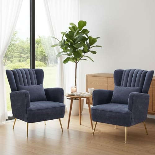 Chenille Accent Chair Set of 2 with Lumbar Pillow, Modern Wingback Chair for living room with Metal Legs, Upholstered Arm Chair with Thick Cushion, Reading Chairs for bedroom, Comfy Sofa Chair, Blue