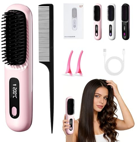 Clinora Stylingbürste, Stylingbürste für Kurze Haare, Glättbürste Kabellos mit LED-Anzeige, Haarbürste Elektrisch, 3 Temperaturstufen, für Glattes, Lockiges und Trockenes Haar, Tragbar (Rosa)