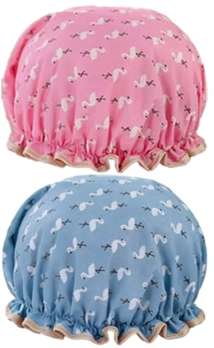 Gorros de baño con banda elástica de doble capa, impermeables, con borde con volantes, cubre las orejas, mantiene el cabello seco, tapa a prueba de aceite para niñas y mujeres, 2 unidades