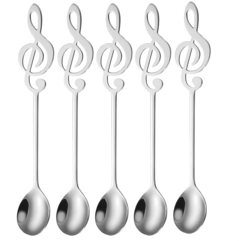 SamHeng Musical Note Coffee Spoons, 5 Pcs Dessert Spoons | Stainless Steel Teaspoons, for Stirring Espresso Cocktail Cake Ice Cream, for Home Coffee Shop