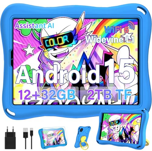 SUAAT Kinder Tablet 9 Zoll Android 15 mit 32GB R0M+TF 2TB, 5G WiFi, Octa-Core, Widevine L1,AGPS, 5+8MP,Face ID, Kindersicherung, 5000mAh,1340 x 800,BT 5.0, Kids Tablet mit Eva Case - Blau