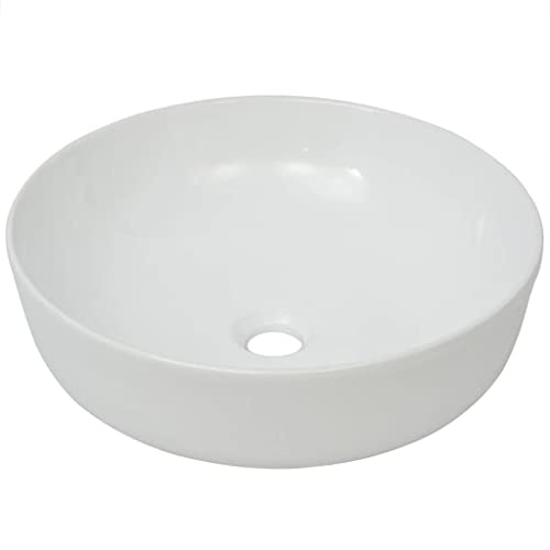 Lavabo rotondo in ceramica bianca, 41,5 x 13,5 cm, lavabo da appoggio per WC degli ospiti, piccolo lavandino con finitura smaltata e foro di scarico da 4,5 cm, per bagno moderno