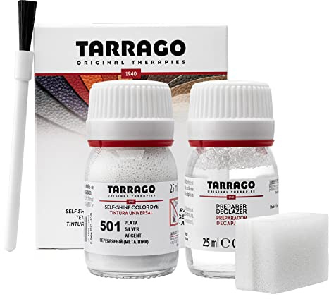 Tarrago | Kit de colorant auto-brillant 25 ml | Teinture auto-brillante pour chaussures et accessoires et apprêt | Couvre les frottements et les chaussures | Argent (501)