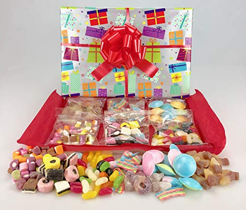 Retro Sweet Hamper -- Dolly Mixtures - Rhubarb & Custard - Cola Bottles - Flying Saucers - Liquorice Allsorts Unique Present - Gift Wrapped with Bow, Personal Message Added